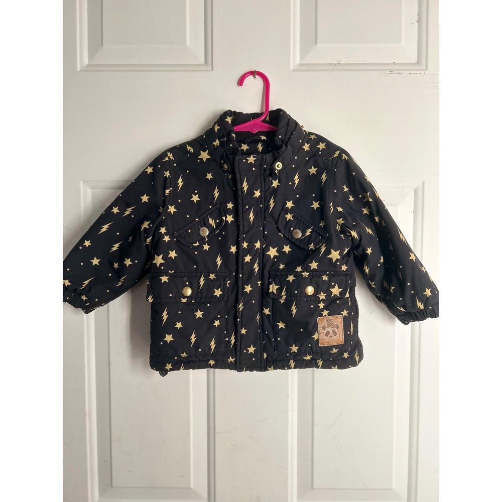 Mini Rodini Kids Black Gold Star Lightning Bolt Puffer Jacket Panda Patch Coat